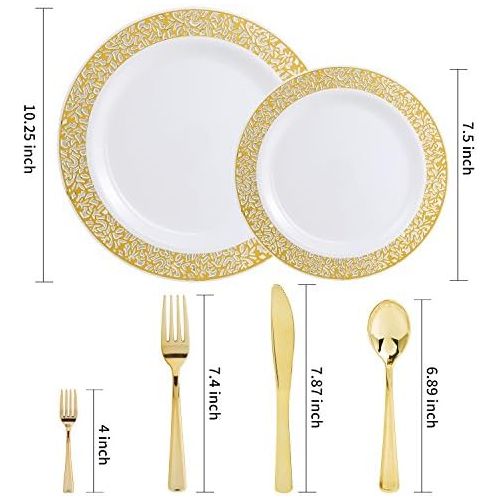  WDF 150PCS Gold Plastic Plates with Disposable Plastic Silverware,Lace Design Plastic Tableware sets include 25 Dinner Plates,25 Salad Plates,25 Forks, 25 Knives, 25 Spoons/Bonus 2