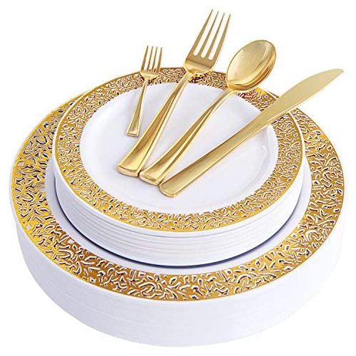  WDF 150PCS Gold Plastic Plates with Disposable Plastic Silverware,Lace Design Plastic Tableware sets include 25 Dinner Plates,25 Salad Plates,25 Forks, 25 Knives, 25 Spoons/Bonus 2