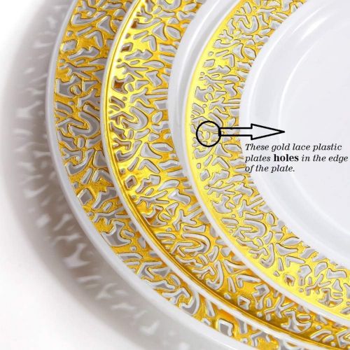  WDF 150PCS Gold Plastic Plates with Disposable Plastic Silverware,Lace Design Plastic Tableware sets include 25 Dinner Plates,25 Salad Plates,25 Forks, 25 Knives, 25 Spoons/Bonus 2