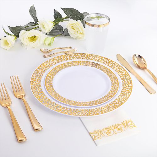  WDF 150PCS Gold Plastic Plates with Disposable Plastic Silverware,Lace Design Plastic Tableware sets include 25 Dinner Plates,25 Salad Plates,25 Forks, 25 Knives, 25 Spoons/Bonus 2