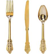 WDF-300 Pieces Gold Plastic Silverware- Disposable Flatware -Heavyweight Plastic Cutlery- Includes 100 Forks, 100 Spoons, 100 Knives