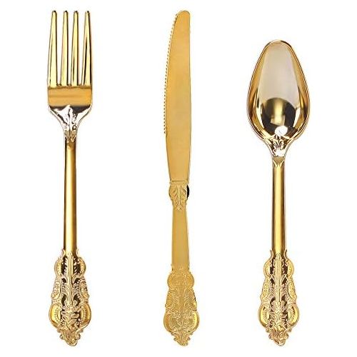  WDF-300 Pieces Gold Plastic Silverware- Disposable Flatware -Heavyweight Plastic Cutlery- Includes 100 Forks, 100 Spoons, 100 Knives