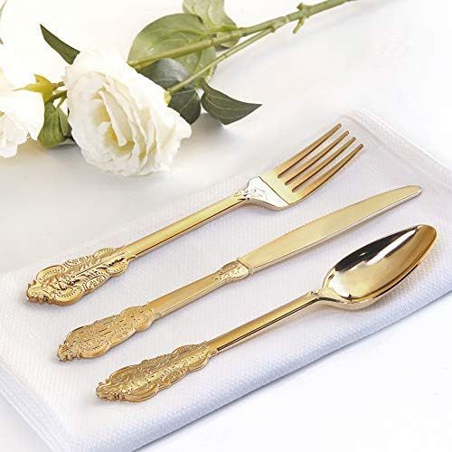  WDF-300 Pieces Gold Plastic Silverware- Disposable Flatware -Heavyweight Plastic Cutlery- Includes 100 Forks, 100 Spoons, 100 Knives