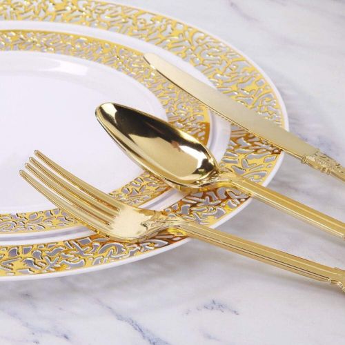  WDF-300 Pieces Gold Plastic Silverware- Disposable Flatware -Heavyweight Plastic Cutlery- Includes 100 Forks, 100 Spoons, 100 Knives