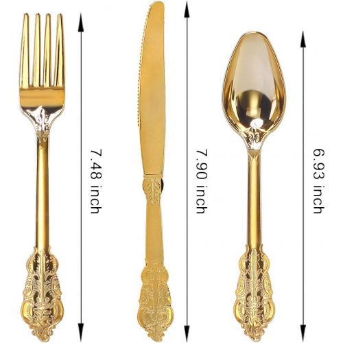  WDF-300 Pieces Gold Plastic Silverware- Disposable Flatware -Heavyweight Plastic Cutlery- Includes 100 Forks, 100 Spoons, 100 Knives