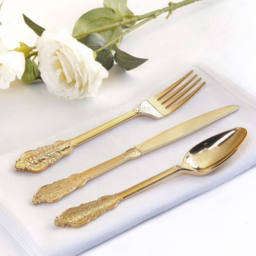  WDF-300 Pieces Gold Plastic Silverware- Disposable Flatware -Heavyweight Plastic Cutlery- Includes 100 Forks, 100 Spoons, 100 Knives