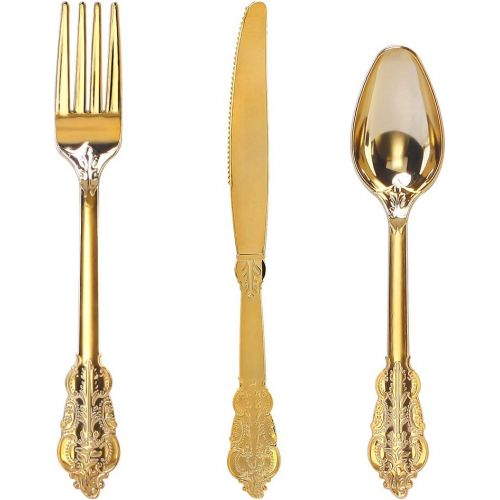  WDF-300 Pieces Gold Plastic Silverware- Disposable Flatware -Heavyweight Plastic Cutlery- Includes 100 Forks, 100 Spoons, 100 Knives