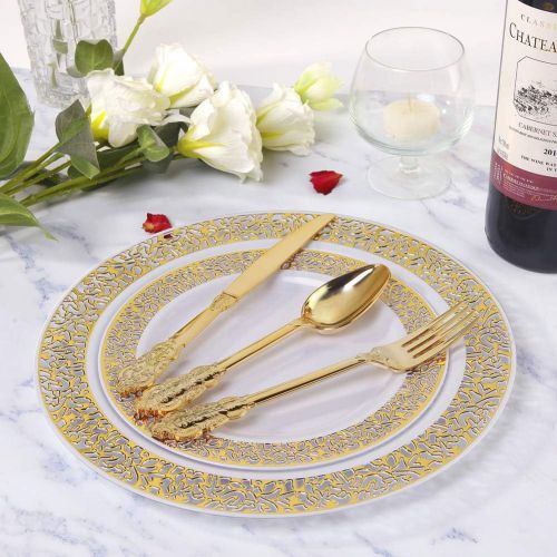  WDF-300 Pieces Gold Plastic Silverware- Disposable Flatware -Heavyweight Plastic Cutlery- Includes 100 Forks, 100 Spoons, 100 Knives