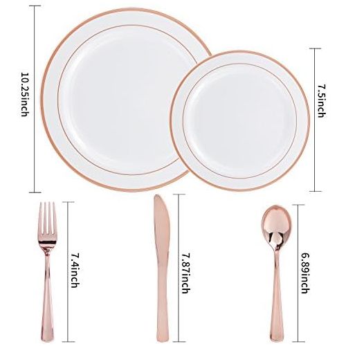  WDF-125 Piece Rose Gold Plastic Silverware Set&Disposable Plastic Plates- Premium Heavyweight Plastic Place Setting include 25 Dinner Plates,25 Salad Plates,25 Forks, 25 Knives, 25