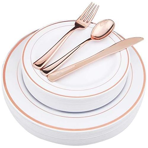  WDF-125 Piece Rose Gold Plastic Silverware Set&Disposable Plastic Plates- Premium Heavyweight Plastic Place Setting include 25 Dinner Plates,25 Salad Plates,25 Forks, 25 Knives, 25