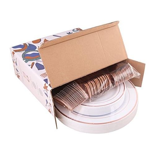  WDF-125 Piece Rose Gold Plastic Silverware Set&Disposable Plastic Plates- Premium Heavyweight Plastic Place Setting include 25 Dinner Plates,25 Salad Plates,25 Forks, 25 Knives, 25