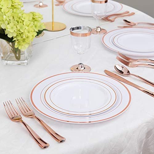  WDF-125 Piece Rose Gold Plastic Silverware Set&Disposable Plastic Plates- Premium Heavyweight Plastic Place Setting include 25 Dinner Plates,25 Salad Plates,25 Forks, 25 Knives, 25