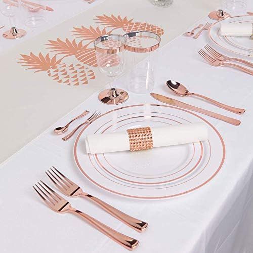  WDF-125 Piece Rose Gold Plastic Silverware Set&Disposable Plastic Plates- Premium Heavyweight Plastic Place Setting include 25 Dinner Plates,25 Salad Plates,25 Forks, 25 Knives, 25