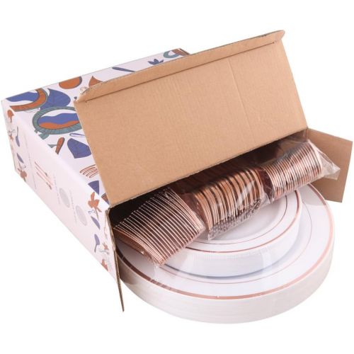  WDF-125 Piece Rose Gold Plastic Silverware Set&Disposable Plastic Plates- Premium Heavyweight Plastic Place Setting include 25 Dinner Plates,25 Salad Plates,25 Forks, 25 Knives, 25