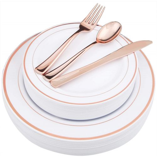  WDF-125 Piece Rose Gold Plastic Silverware Set&Disposable Plastic Plates- Premium Heavyweight Plastic Place Setting include 25 Dinner Plates,25 Salad Plates,25 Forks, 25 Knives, 25