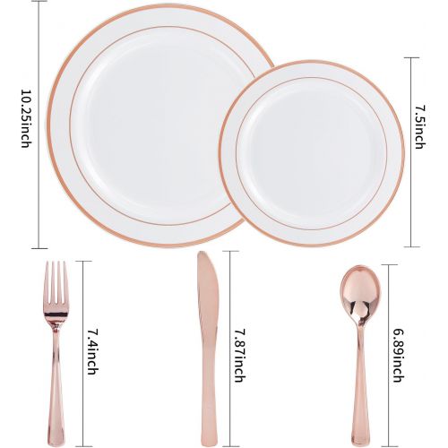  WDF-125 Piece Rose Gold Plastic Silverware Set&Disposable Plastic Plates- Premium Heavyweight Plastic Place Setting include 25 Dinner Plates,25 Salad Plates,25 Forks, 25 Knives, 25