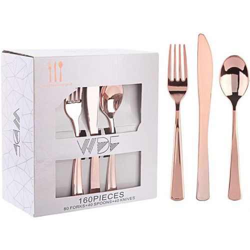  160 Piece Rose Gold Heavyweight Disposable Cutlery Set - Plastic Silverware Flatware - Includes 80 Forks, 40 Spoons, 40 Knives - WDF (Rose Gold Cutlery)