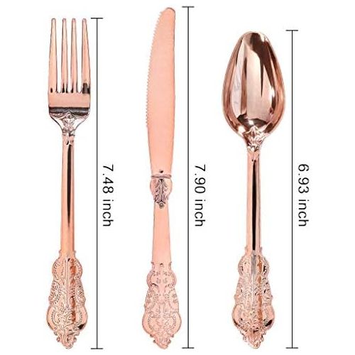  WDF-300 Pieces Rose Gold Plastic Silverware- Disposable Flatware -Heavyweight Plastic Cutlery- Includes 100 Forks, 100 Spoons, 100 Knives