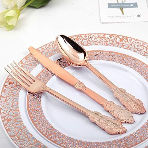  WDF-300 Pieces Rose Gold Plastic Silverware- Disposable Flatware -Heavyweight Plastic Cutlery- Includes 100 Forks, 100 Spoons, 100 Knives