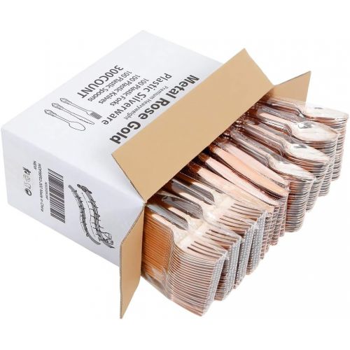  WDF-300 Pieces Rose Gold Plastic Silverware- Disposable Flatware -Heavyweight Plastic Cutlery- Includes 100 Forks, 100 Spoons, 100 Knives