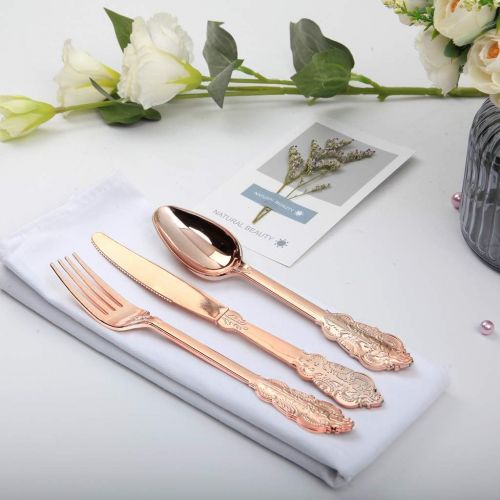  WDF-300 Pieces Rose Gold Plastic Silverware- Disposable Flatware -Heavyweight Plastic Cutlery- Includes 100 Forks, 100 Spoons, 100 Knives