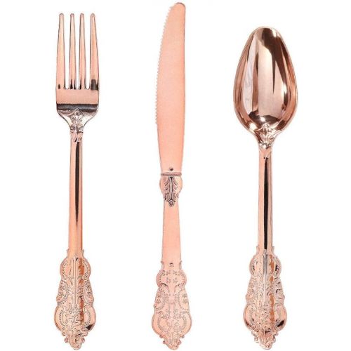  WDF-300 Pieces Rose Gold Plastic Silverware- Disposable Flatware -Heavyweight Plastic Cutlery- Includes 100 Forks, 100 Spoons, 100 Knives