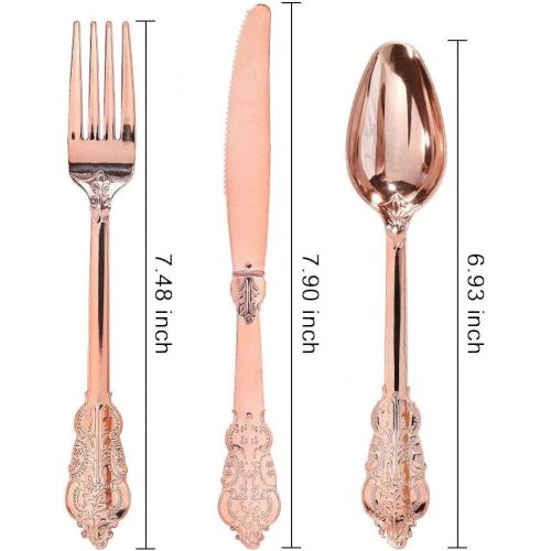  WDF-300 Pieces Rose Gold Plastic Silverware- Disposable Flatware -Heavyweight Plastic Cutlery- Includes 100 Forks, 100 Spoons, 100 Knives