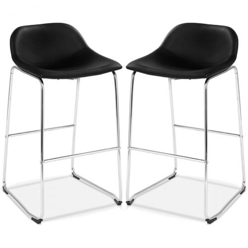  WE COSTWAY Set of 2 Bar Stools Modern Contemporary PU Leather Bar Height Armless Padded Seat Pub Bistro Kitchen Dining Side Chair Barstools with Metal Legs (Black+Silver)