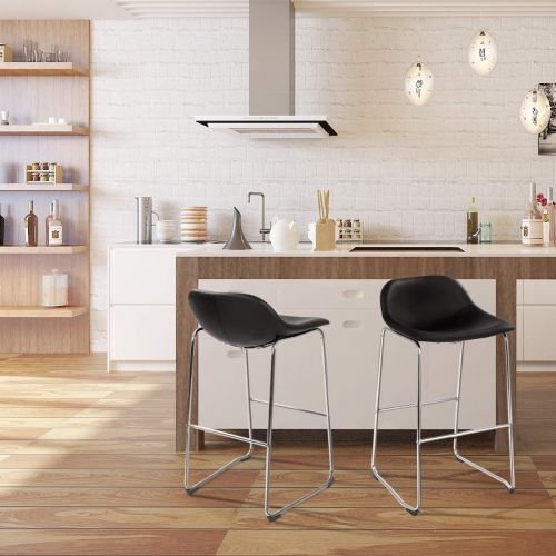  WE COSTWAY Set of 2 Bar Stools Modern Contemporary PU Leather Bar Height Armless Padded Seat Pub Bistro Kitchen Dining Side Chair Barstools with Metal Legs (Black+Silver)