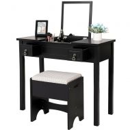 WEF Vanity Makeup Table Set For Women Black Modern With Flip Top Mirror Cushioned Stool Nightstand Bedroom Girls Ladies Glam Vanity Desk Set Cute Contemporary Beauty Cosmetic Mirrored