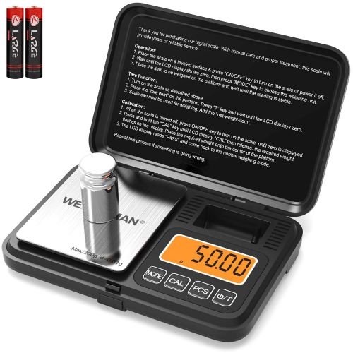  [아마존베스트]Gram Scale, Weightman Pocket Scale 200 x 0.01g, Digital Scale Grams and Ounces with 50g Calibration Weight, Jewelry Scale with Large LCD Screen, 6 Units and Easy Tare (Battery Incl