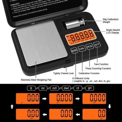  [아마존베스트]Gram Scale, Weightman Pocket Scale 200 x 0.01g, Digital Scale Grams and Ounces with 50g Calibration Weight, Jewelry Scale with Large LCD Screen, 6 Units and Easy Tare (Battery Incl