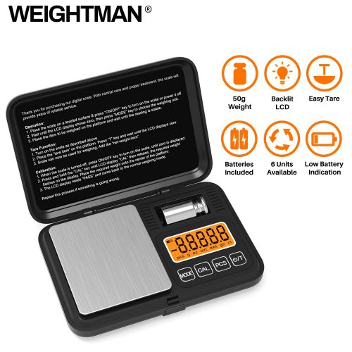  [아마존베스트]Gram Scale, Weightman Pocket Scale 200 x 0.01g, Digital Scale Grams and Ounces with 50g Calibration Weight, Jewelry Scale with Large LCD Screen, 6 Units and Easy Tare (Battery Incl