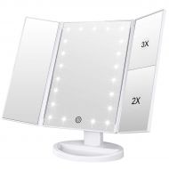 WEILY Lighted Makeup Mirror, Tri-fold Vanity Mirror with 3X/2X/1X Magnification,21 Natural LED Nights and Touch Screen, Batteries and USB Power Supply Adjustable Tabletop Cosmetic Mirror