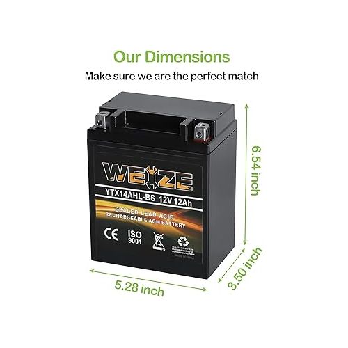  Weize YTX14AHL-BS High Performance - Rechargeable - Sealed Motorcycle Battery Compatible With Polaris Scrambler, Sportsman 90, Honda Scooters NQ50 Spree,Kawasaki 110 KLX110 Blue