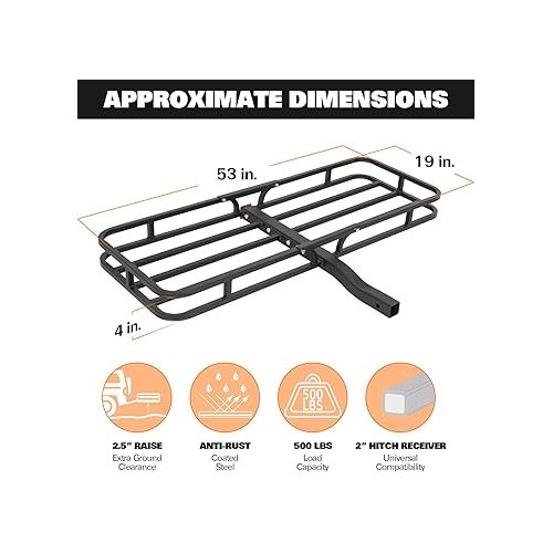  WEIZE 53 x 19 x 4-1/8 Inch Hitch Cargo Carrier, 500 lbs Capacity Steel Hitch Cargo Rack Basket with Cargo Net, Ratchet Strap, Tightener for Car SUV Truck Traveling Camping, 2