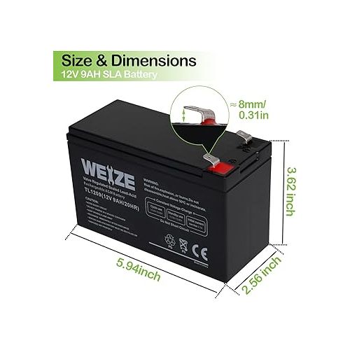  WEIZE 12V 9AH Battery, Sealed Lead Acid Battery with F2 Terminals, Rechargeable Replaces 12 Volt 8AH 10AH for Razor e200 / e200s / e225 / e300, APC UPS Computer Backup Power (BX1300LCD)
