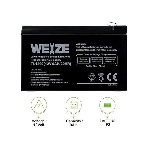  WEIZE 12V 9AH Battery, Sealed Lead Acid Battery with F2 Terminals, Rechargeable Replaces 12 Volt 8AH 10AH for Razor e200 / e200s / e225 / e300, APC UPS Computer Backup Power (BX1300LCD)