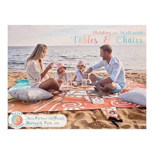  WEKAPO Beach Blanket Waterproof Sandproof Oversized - 8 Ft X 7 Ft Large Sand Free Beach Mat with Stakes, Essentials for Outdoor Beach, Picnic, Travel (Sea Turtle, 8 X 7 FT (1~4 Person))