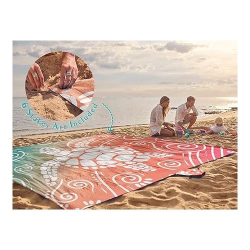  WEKAPO Beach Blanket Waterproof Sandproof Oversized - 8 Ft X 7 Ft Large Sand Free Beach Mat with Stakes, Essentials for Outdoor Beach, Picnic, Travel (Sea Turtle, 8 X 7 FT (1~4 Person))