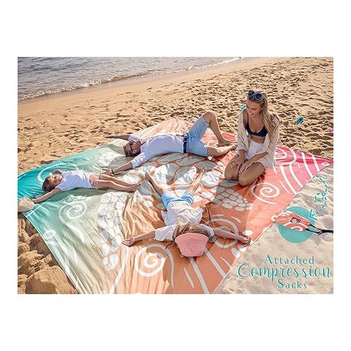  WEKAPO Beach Blanket Waterproof Sandproof Oversized - 8 Ft X 7 Ft Large Sand Free Beach Mat with Stakes, Essentials for Outdoor Beach, Picnic, Travel (Sea Turtle, 8 X 7 FT (1~4 Person))