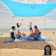 WEKAPO Beach Tent Sun Shelter - 11 x 11 FT Beach Canopy with 4 Lengthened Poles, Large Sandbags and Shovel, 7'8'' Tall, Beach Sun Shade for Family Vacation and Camping, UPF 50+ Protection