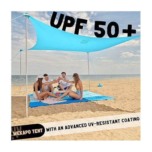  WEKAPO Beach Tent Sun Shelter - 11 x 11 FT Beach Canopy with 4 Lengthened Poles, Large Sandbags and Shovel, 7'8'' Tall, Beach Sun Shade for Family Vacation and Camping, UPF 50+ Protection