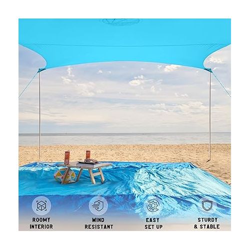  WEKAPO Beach Tent Sun Shelter - 11 x 11 FT Beach Canopy with 4 Lengthened Poles, Large Sandbags and Shovel, 7'8'' Tall, Beach Sun Shade for Family Vacation and Camping, UPF 50+ Protection