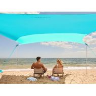 WEKAPO Beach Shade Canopy, 7x7 FT Beach Tent Sun Shelter with 4 Poles, Large Sand Shovel and Ground Pegs, UPF 50+ Outdoor Shade for Camping Trips, Fishing (Turquoise, 7x7 FT 4 Pole)