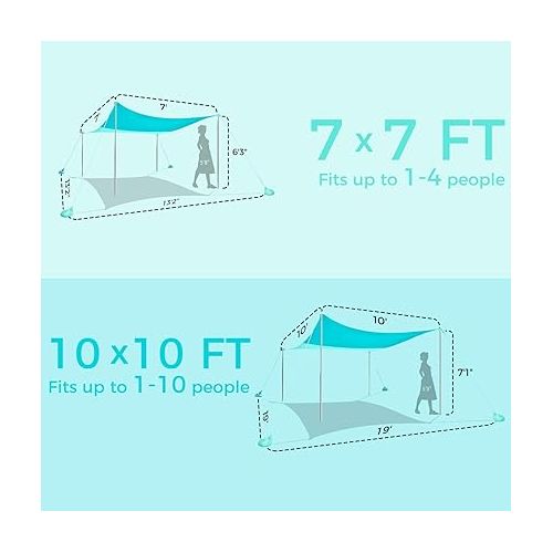  WEKAPO Beach Shade Canopy, 7x7 FT Beach Tent Sun Shelter with 4 Poles, Large Sand Shovel and Ground Pegs, UPF 50+ Outdoor Shade for Camping Trips, Fishing (Turquoise, 7x7 FT 4 Pole)