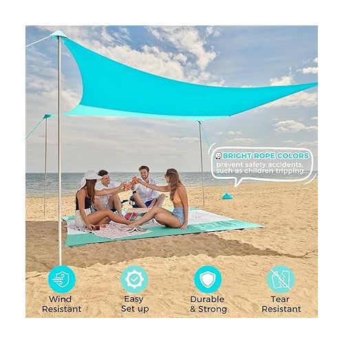  WEKAPO Beach Shade Canopy, 7x7 FT Beach Tent Sun Shelter with 4 Poles, Large Sand Shovel and Ground Pegs, UPF 50+ Outdoor Shade for Camping Trips, Fishing (Turquoise, 7x7 FT 4 Pole)