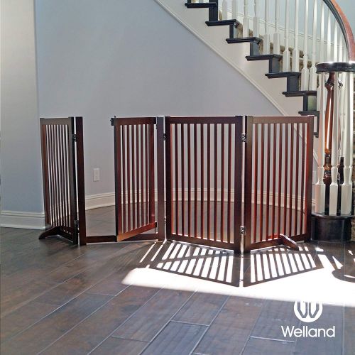  WELLAND Freestanding Wood Pet Gate wWalk Through Door White, 88-Inch Width, 32-Inch Height (Set of Support Feet Included)