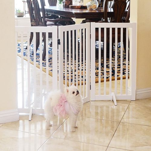  WELLAND Freestanding Wood Pet Gate with Walk Through Door Espresso, 66-Inch Width, 32-Inch Height (Set of Support Feet Included)