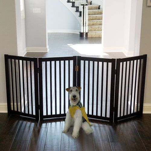  WELLAND Freestanding Wood Pet Gate with Walk Through Door Espresso, 66-Inch Width, 32-Inch Height (Set of Support Feet Included)